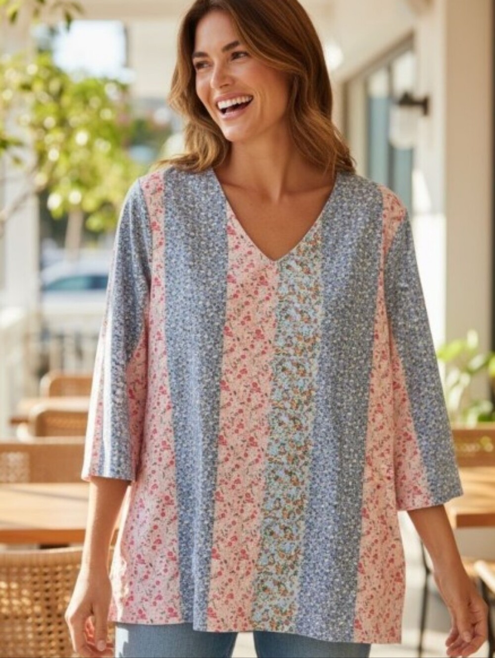 V-Neck Patchwork Floral Tunic Top in Pink and Blue